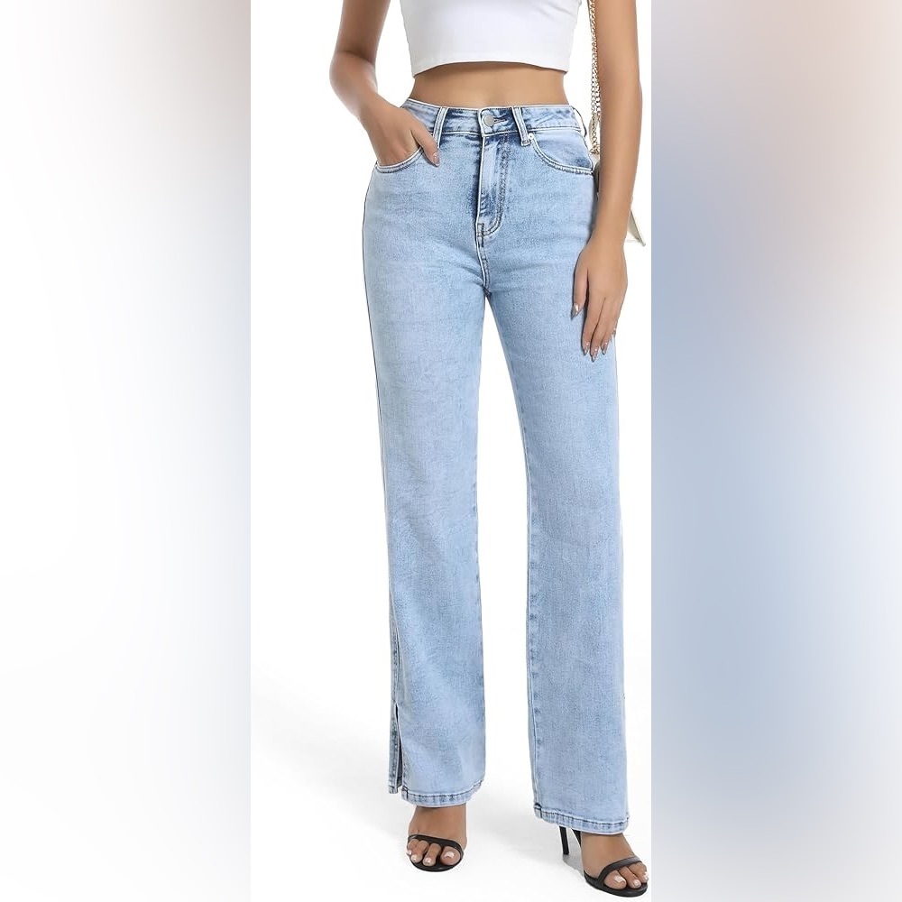Guaile Women's Jeans High Waisted Stretchy Straight Leg Split Hem Size 4